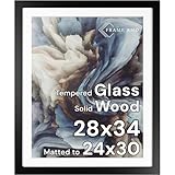 Frame Amo 28x34 Black Solid Wood Poster Frame, White Mat for 24x30 Image, Tempered Glass Front, 1.5 inch Wide, 1 inch Thick, High-End, Heavy-Duty, Gallery Grade & Acid-Free