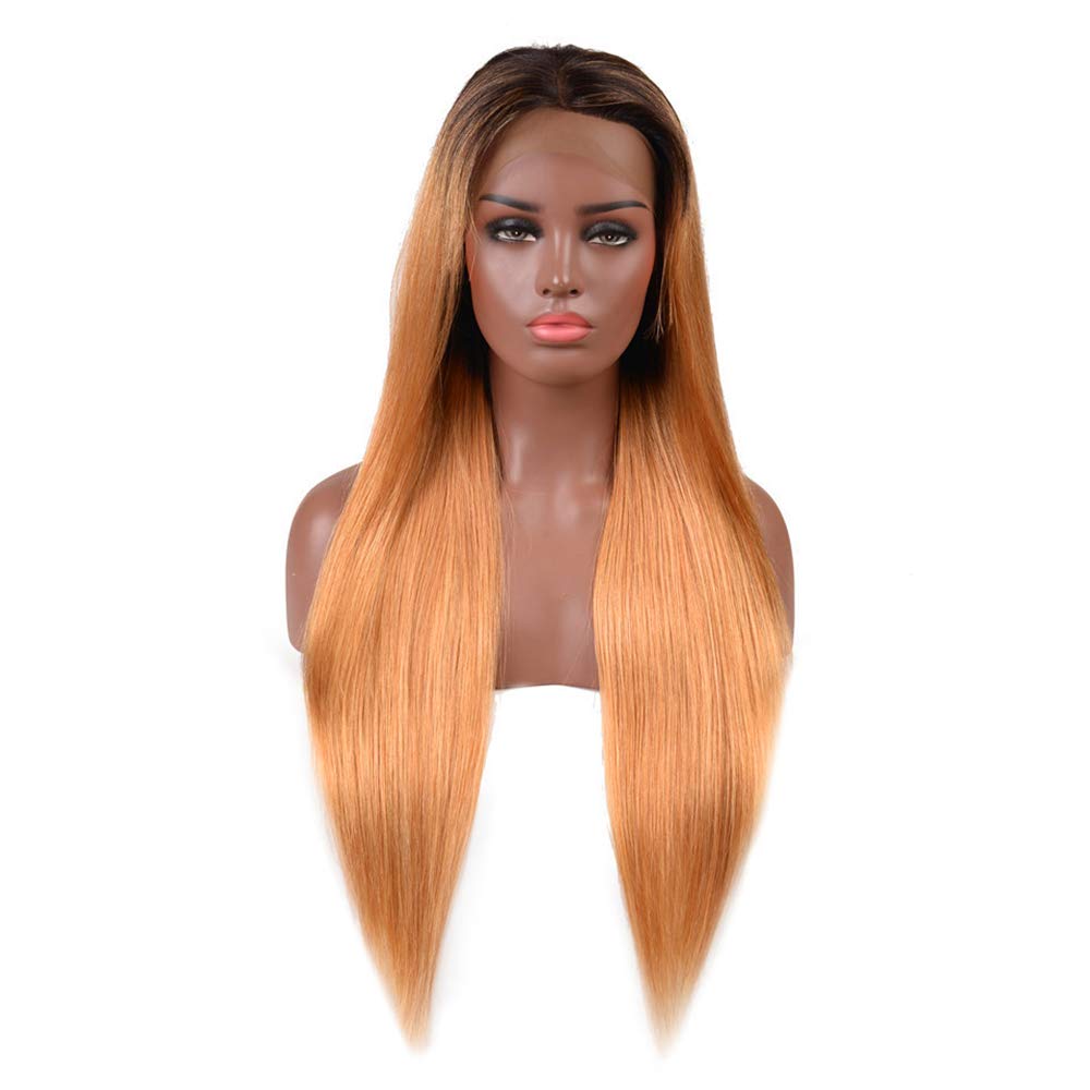 1B/27 Colored Virgin Human Hair with Dark Roots 13x4 Hand-Made Lace Front Wig with Full Ends Halo Lady High Density Brazilian Straight Virgin Hair Lace Wig (250% Density, 22 inches)