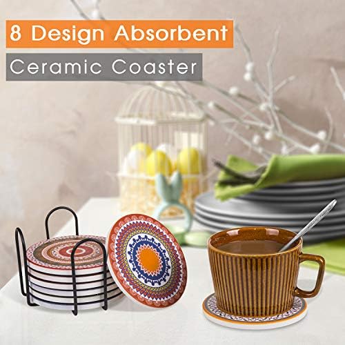 Mandala Coasters Set of 8, Coasters for Drink Absorbent Ceramic Round Coasters with Cork Base for Coffee Table, Housewarming Gift Stone Coasters with Holder