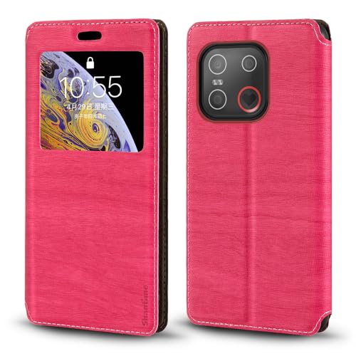 Shantime Sichtfenster-Lederhülle Kompatibel mit Emporia.ME 7, Elegantes Design mit Klarsichtanzeige, Unsichtbarem Magnetverschluss & Kartenfach(Rosenrot)