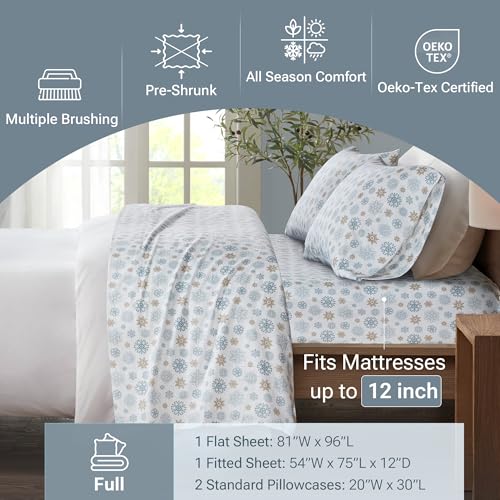 Image of True North by Sleep Philosophy Cozy Flannel Warm 100% Cotton Sheet - Novelty Print Animals Stars Cute Ultra Soft Cold Weather Bedding Set, Full, Tan /Blue Snowflakes 4 Piece