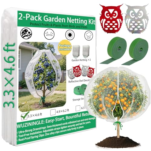 WUZININGLE Bird Netting for Fruit Trees with Zipper, 2 Pack 3.3x4.6 ft Garden Netting Cover for Blueberry Bushes/Tomatoes, Include Owl Deterrent Reflective Tapes & Storage Straps