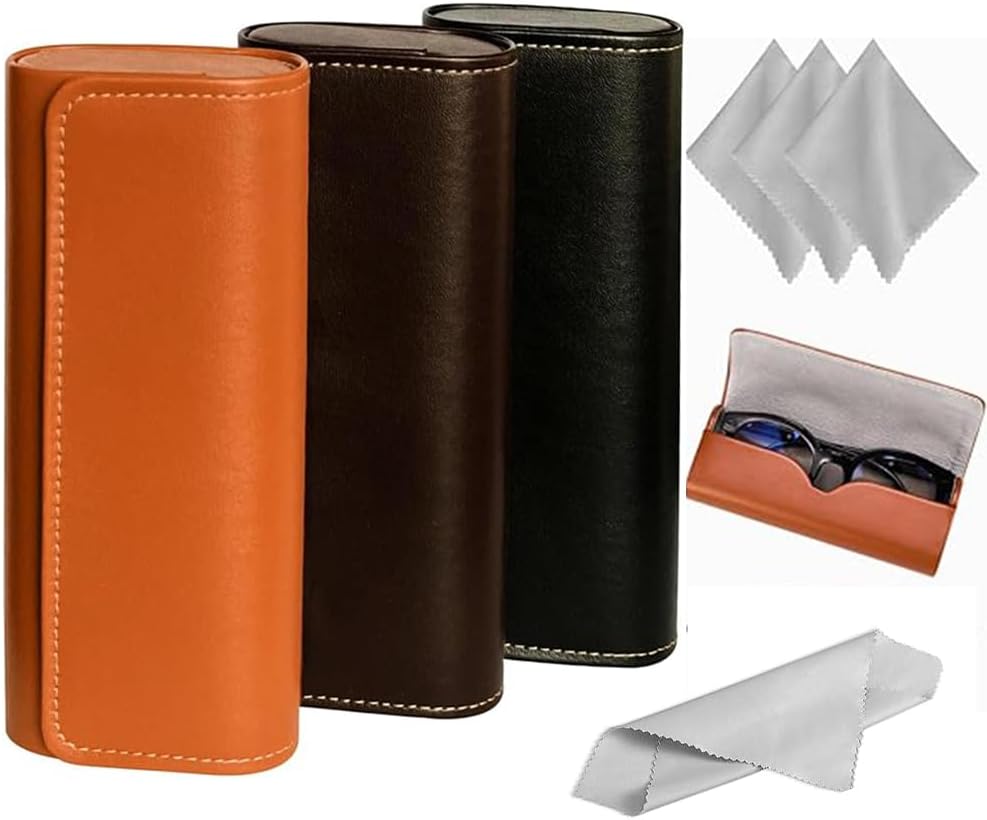 3-Pack Hard Shell Glasses Case with Cleaning Cloth – Leather, Lightweight Travel Eyeglass Holder for Men and Women, Fits Reading Glasses & Sunglasses