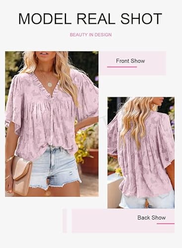 Dokotoo 3/4 Bell Sleeve Shirts For Women Ruffle V Neck Pink Blouses For Women Fashion 2023 Casual Peasant Babydoll Summer Tops Lace Floral Textured Dressy Maternity Shirts Medium #TOP4