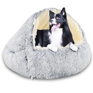 SUOXU Lit à capuche avec supports pour chien, lit en peluche de luxe pour chiens de taille moyenne et petite, chaud, confortable, en fausse fourrure douce, apaisante, anti-anxiété, housse amovible