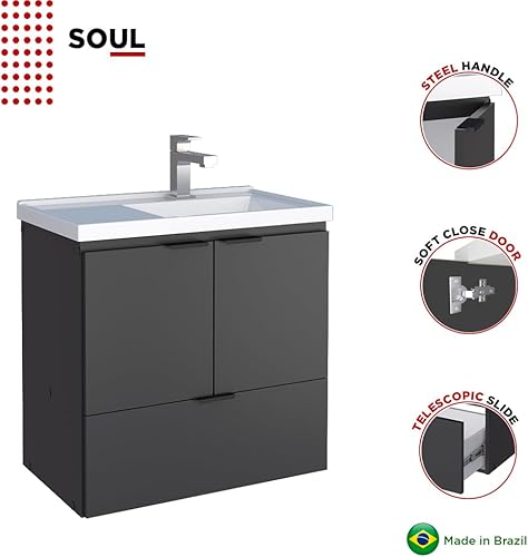 Miniatura 3 de COZIMAX Vanity Soul - Lavabo de baño flotante de 24 pulgadas y lavabo de mármol cultivado con puerta de cierre suave (negro)