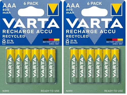 VARTA Piles AAA, Rechargeables, Lot de 12, Recharge Accu Recycled, 800 mAh Ni-Mh, fabriquées avec 21% de matériaux recyclés, préchargées, prêtes à...