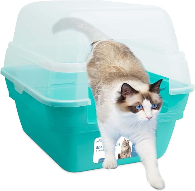 Petfamily 3in1 large cat litter tray box with hood lid Teal pan, kitten starter litter tray XL large Plastic tray cat Toilet, sturdy and easy to clean, 55x45x44cm