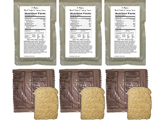 MRE 3 pack Entrée Combinations (Entrées & Sides) - 1st Insp. Date 2022 - 2024 (3pk Beef Strips in Savory Sauce Combo)