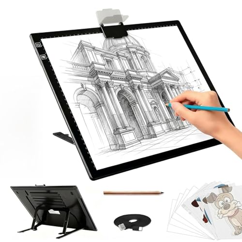 Homodoskey Rechargeable A3 Light Pad for Diamond Painting, Tracing Light Box with Stand and clip, 3 Colors Stepless Dimmable and 6 Levels of Brightness light board for Drawing, Sketching, Animation