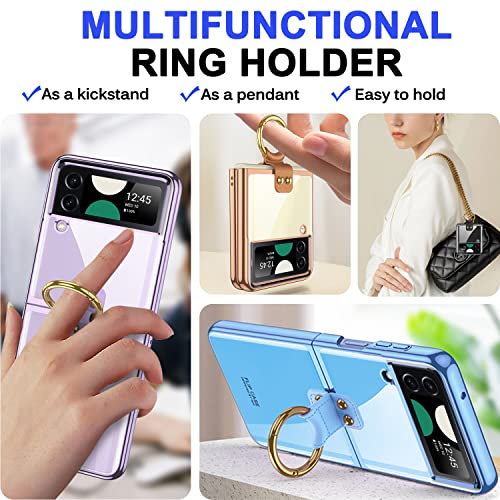 Miimall For Samsung Galaxy Z Flip 4 Phone Case, Z Flip 4 Case With Ring + Tempered Glass Screen Protector Slim Luxury Protective Cover Transparent Clear Case For Galaxy Z Flip 4 (Clear-Blue) #TOP3