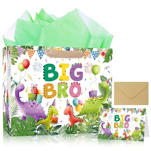 NIUBEHOHO Big Brother Dinosaur Gift Bag - Dinosaur Birthday Bag for Boys Cartoon Dino Bag with BIG BRO Card Wrapping Paper Envelope Perfect Green Dino Gifts Bag for Sibling Baby Shower 12 Inch