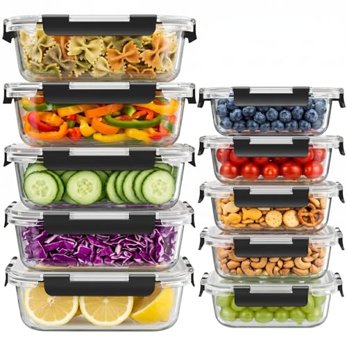 10 Sets 36 oz & 12 oz Glass Food Storage Containers with lids, Black