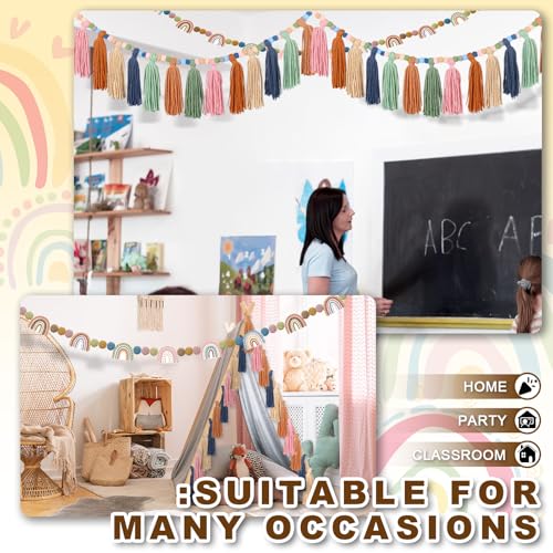 Janinka 4 Pcs Boho Tassel Garlands Rainbow Pom Pom Garland with Wood Beads Felt Balls Decorative Wall Hanging Rainbow Banners for Teacher Classroom Wedding Birthday Baby Shower by Janinka - Used condition - Image 5