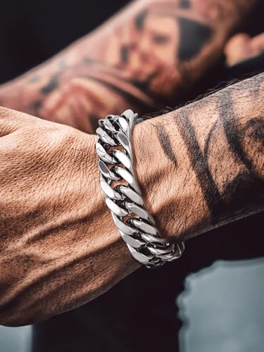 Bandmax Cuban Chain Bracelets for Men Women, Stainless Steel/Black/Gold Hip Hop Chunky Miami Curb Link Wristlet Bracelet Gift for Son Grandson Husband Father4