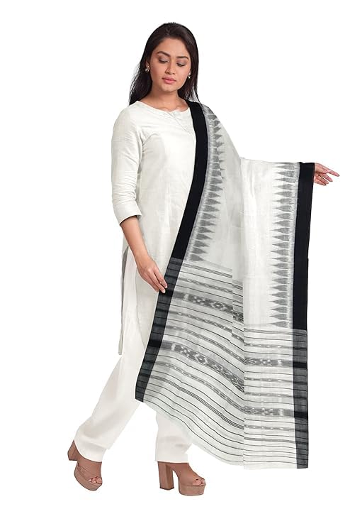 Image of Cotton Dupatta with weaving and Ikat woven border from the Weavers of Temple Border & Stole For Girls & Women