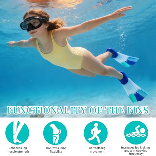 Aletas para niños, aletas de natación para niños, 100% silicona, aletas cortas para entrenamiento de natación, entrenamiento en aguas abiertas, esnórquel, buceo para principiantes (azul y blanco, XS) - imagen 4