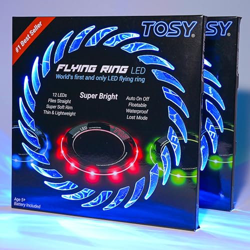 TOSY Flying Ring - 12 LEDs, Super Bright, Lost Mode, Auto Light Up, Camping Essentials for Kids/Teens/Boy/Girl, Safe & Soft, Waterproof, Pool/Beach Games, Lightweight Toy, 2-Pack (Blue)