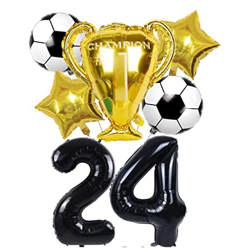 Conruich Globo de Cumpleaños 24 Años, Globos de Fútbol para 24 Cumpleaños, globos gigantes negros con números 24, Decoraciones de Fiesta de Cumpleaños para 24 años Hombre & Mujer