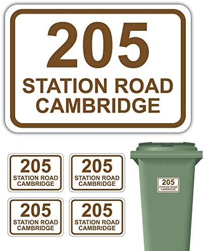 Pack of 4 Personalised Printed Wheelie Bin Number Stickers with House Number And Street Name Round Rectangle Style A5 Size Black