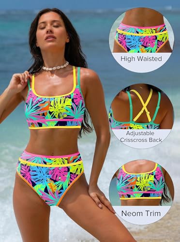 Image of popvil Women's High Waisted Bikini Sets 2026 Neon 2 Piece Swimsuit