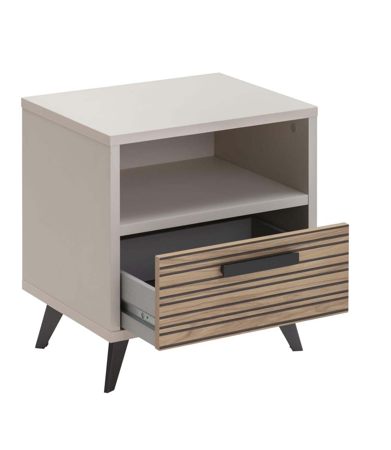 Composad | Comodino con 1 cassetto e 1 Vano Aperto della Linea Bravo per Camera da letto o Cameretta, (LxAxP): 50,4x55,5x40,5 cm, Colore Grigio Cashmere Topmatt e Strippedwood - Made In Italy