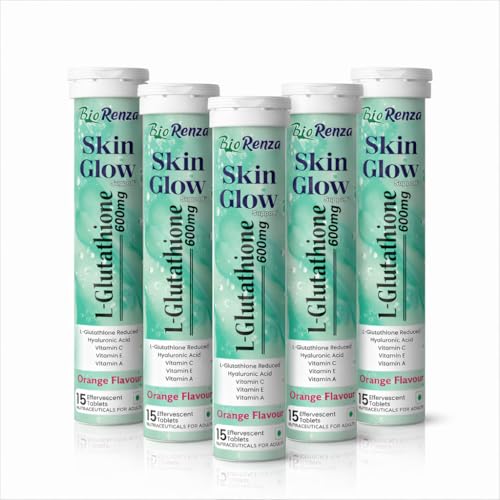 Image of Skin Glow L-Glutathione 600mg Effervescent Tablets | Vitamin C, E, A + Hyaluronic Acid | Skin Brightening & Anti-Aging Support | Orange Flavour | 15 Tablets (Pack of 5)