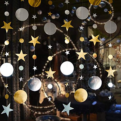 VOANZO 5 Pcs Star Moon Hanging Ornements Bunting Banner Wall Ceiling Party Decorations for Twinkle Little Star First Birthday/Baby Shower/Wedding // Kids Room (Gold, Silver)