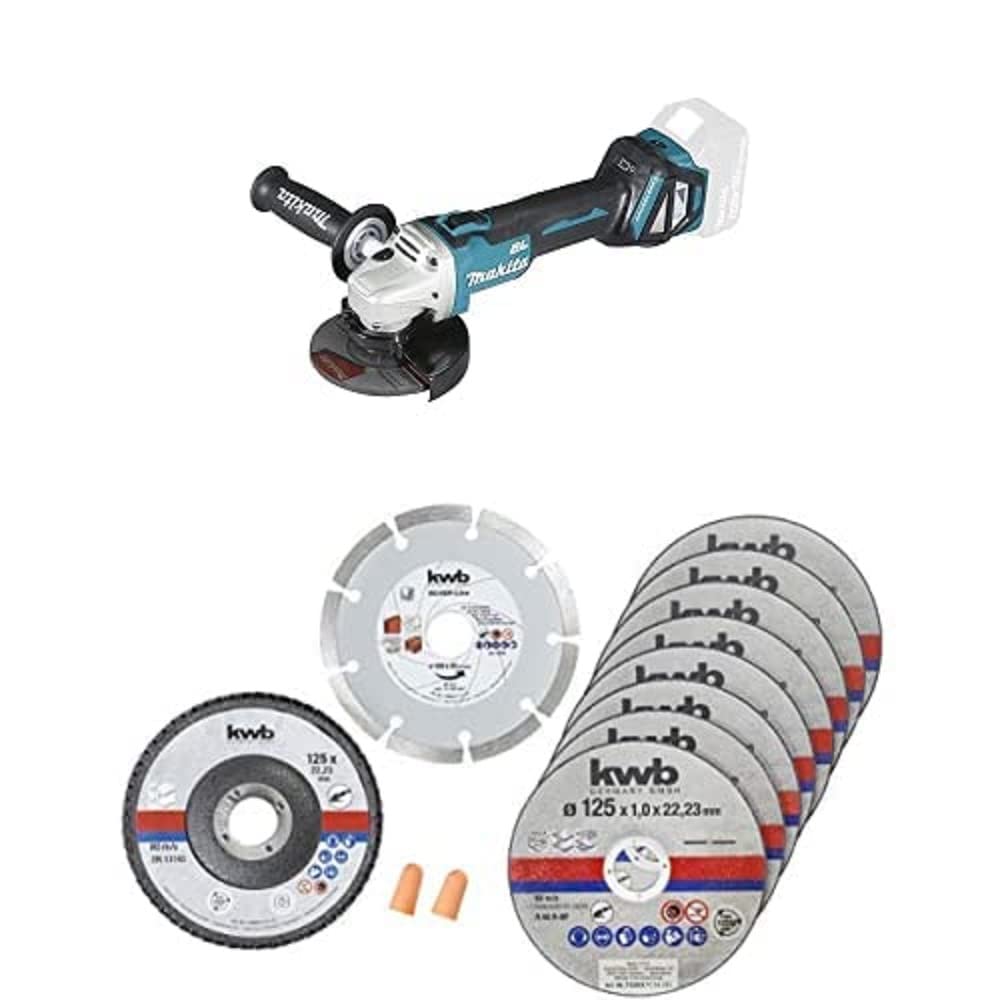 Makita DGA511Z Akku-Winkelschleifer 18 V (ohne Akku, ohne Ladegerät) + kwb Dünn-Trennscheiben + Diamant-und Schleifscheibe Ø 125 mm für Winkelschleifer, Trenn-Scheibe f. Edel-Stahl INOX