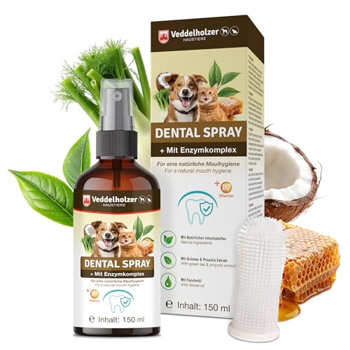 Veddelholzer 150 ml Probiotisches Dentalspray Set für Hunde & Katzen mit Fingerzahnbürste & Enzymkomplex Zahnpflege Zahnsteinentferner effektiv gegen Mundgeruch natürliche Zahnpflege als Spray