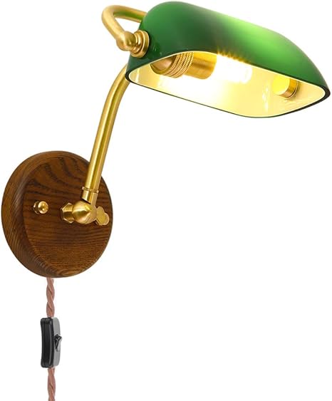 AAOTE Bedlamp Banker lamp Verstelbare retro wandlamp met schakelaar en stekker, slaapkamer bedlamp, messing wandlamp Houten voet Smaragdgroene glazen kap E14 Vintage verlichting Leeslamp