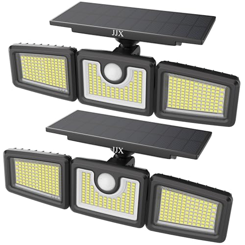 JJX Solar Lights Outdoor 3000LM 312 LED Motion Sensor Outdoor Lights, IP65 Waterproof LED Solar Security Lights, 3 Adjustable Heads Solar Motion Flood Lights Outdoor
