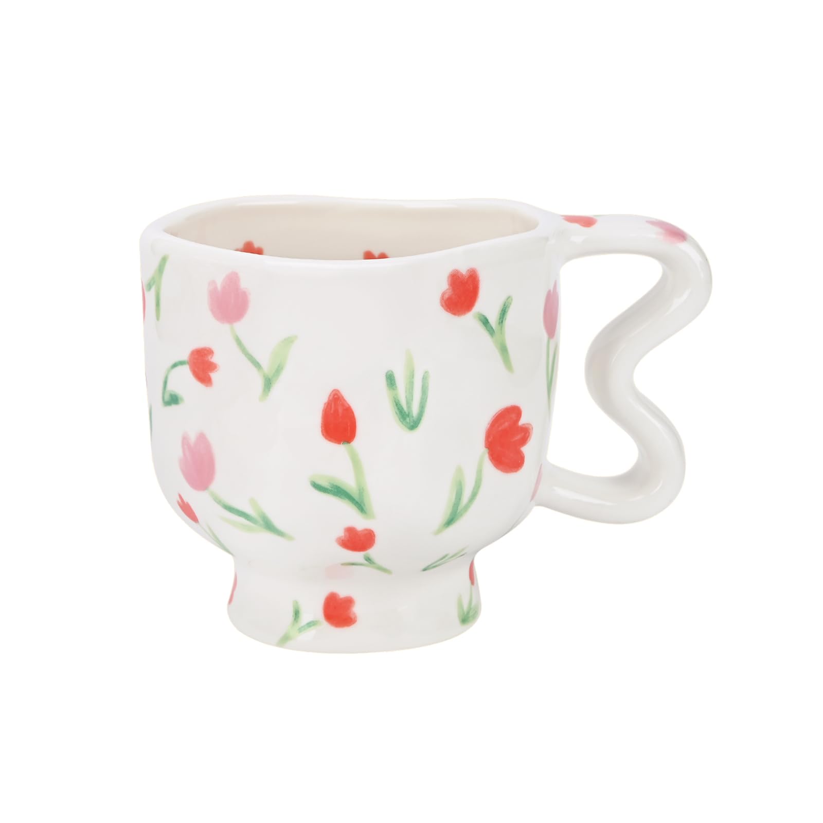 Tazza Da Caffè In Ceramica Con Manico A Cuore E Fiori Di Tulipano Rosso – 250 Ml, Fatta A Mano, Microonde E Lavastoviglie