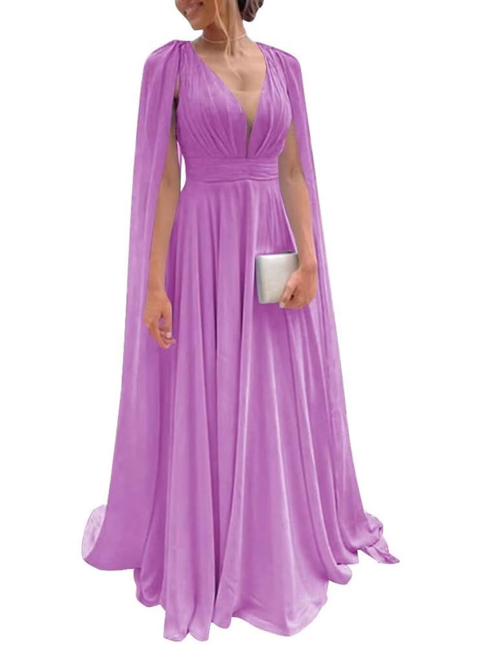 Chiffon Bridesmaid Dress for Women Cape Sleeve V-Neck Formal Evening Gowns with Pocket LBC020