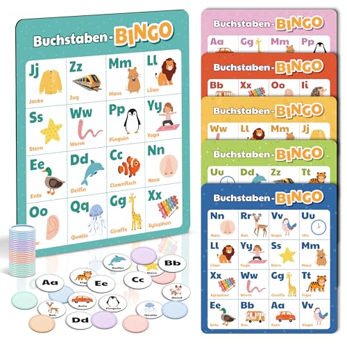 BIROYAL ABC Bingo Spiel Kinder ab 4 5 6 Jahre - Buchstaben Lernspiel für Schulanfänger - Lernspiel 1. Klasse - Gesellschaftsspiel Kinder - Einschulung Geschenk - Lernspielzeug
