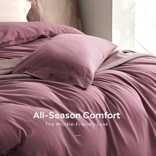 Image of JELLYMONI 100% Washed Cotton Duvet Cover King - Soft, Breathable Linen-Look Bedding with Natural Wrinkle Texture, Button Closure, 3-Piece Set (Deep Rose, 104 inchx90 inch)