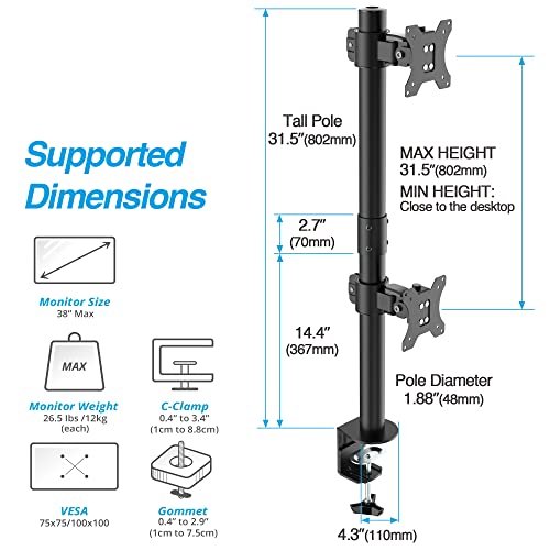 AVLT 38\" Vertical Ultrawide Monitor Mount Stand Two Stacked 26.5 lbs Screens on Heavy-Duty Pole Save Workspace with Fine-Tune Height Tilt Swivel Rotate Adjustment C-clamp and Grommet Mounting Base