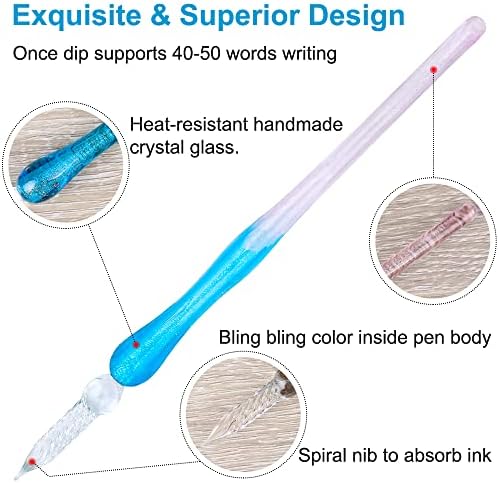 Dip Pen and Ink Set, Glass Dip Pen Set with 2 Calligraphy Crystal Pens and 12 Gold Inks, Pen Holder & Cleansing Cup, Glass Dip Pen Beginners Gift Set for Art, Drawing, Writing, Signatures, Cards