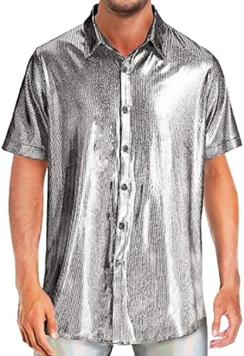 2026 T-shirt voor heren, modieus met glanzende, ronde hals met korte mouwen, voor feestjes, podiums, zilver, L