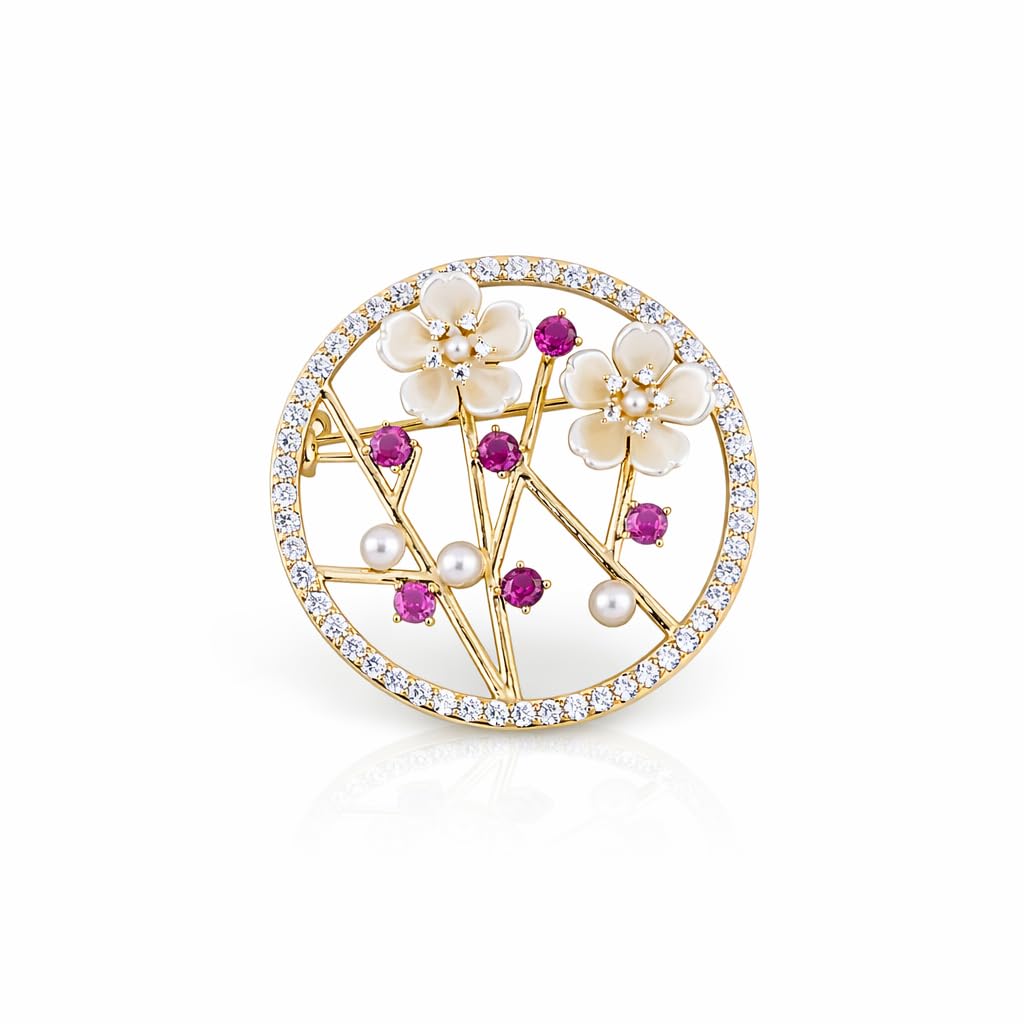 Designer Gold Plated Round Floral Brooch with Diamonds and Pearls-image-28