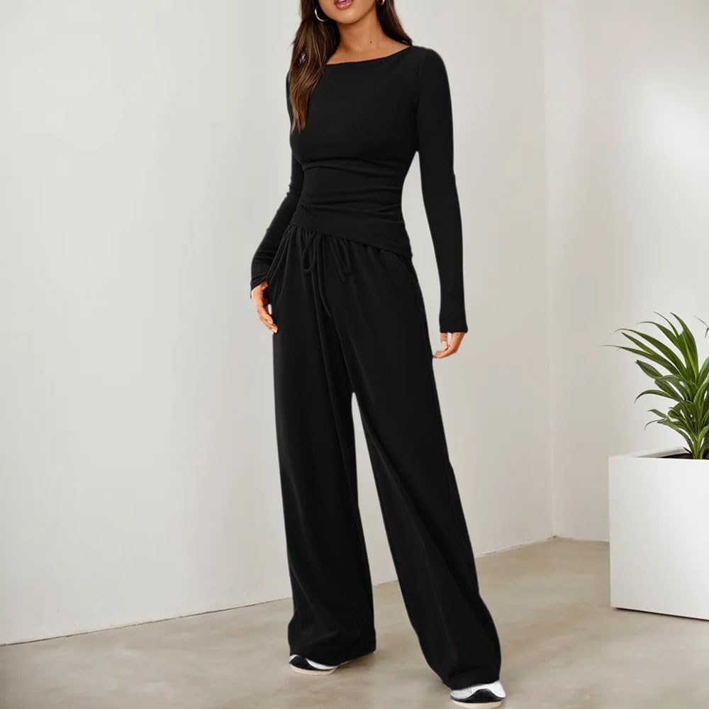 Conjunto Deportivo Mujer 2 Piezas Sudaderas Manga Larga y Pantalón Anchos Rectos con Bolsillo Cómodo Moda Color Sólido Mono para Fitness Jogging