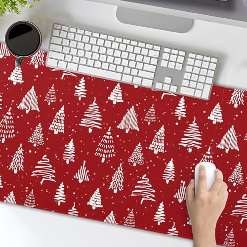Image of Red Christmas Mouse Pad Christmas Tree Xmas Holiday Winter Extended Desk Mat 80X30 cm Non-Slip Rubber Base Stitched Edge Large XL Mousepad for Desk Gaming Laptop Desktop,31.5x11.8 Inch