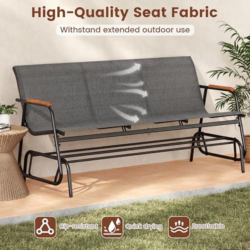 Image of Giantex Patio Glider, 3-Person Swing Gliding Loveseat with Curved Teak Armrests, Fabric Seat, Metal Frame, Load 990lbs, Outdoor Rocking Chair for Porch, Yard, Poolside,Grey