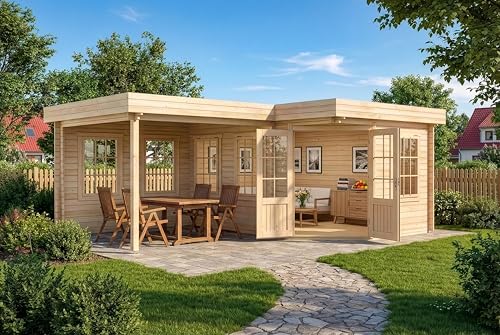 Alpholz 5-Eck Gartenhaus Pepe aus Holz 618x462cm mit 40 mm Wandstärke in Naturbelassen