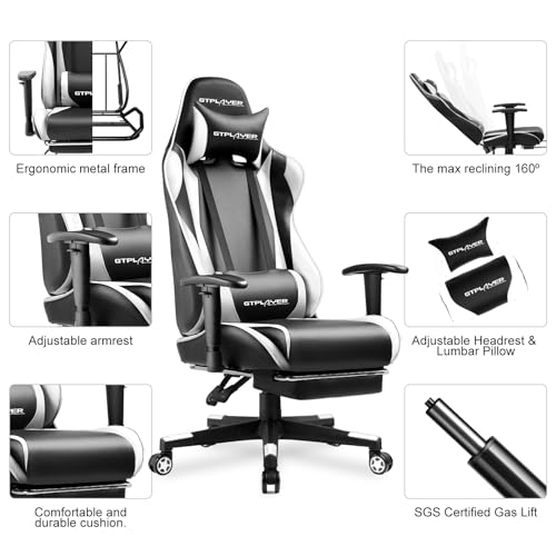 GTPLAYER Ergonomic Gaming Chair w/ Footrest, 3D Armrests & Lumbar Support (White) - image 7
