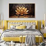 Lotus Flower Canvas Wall Art, Gold Lotus Flower Paintings, Abstract Lotus Artwork, Flower Wall Decor, Vintage Floral Wall Art, Zen Wall Art, Bedroom Wall Art Above Bed (Gold Framed, 48'Wx27'H/122x68cm)