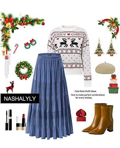 NASHALYLY Women's Chiffon Elastic High Waist Pleated A-Line Flared Maxi Skirts(Beja Blue,XL)