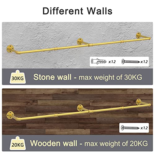 unho Kleiderstange zur Wandmontage, Industrieller Stil Rohr-Kleidergestell an der Wand befestigte, Wandgarderoben für Schlafzimmer Wohnzimmer(3 Basen), Gold
