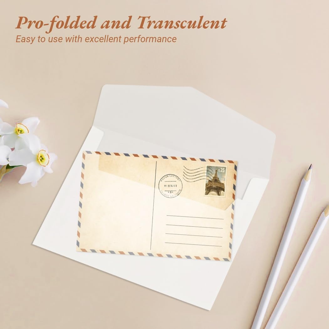 100 buste di carta pergamena con sigilli di cera, 12,7 x 17,8 cm, giacche traslucide, involucri per cartoline pre-piegate, per inviti di nozze, baby shower e biglietti di compleanno