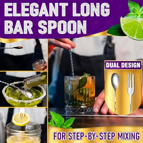 Image of finality Mojito Muddler Bar Tool Set, 3 PCS Cocktail Set Mixing Tools Stainless Steel Cocktail Muddler with Cocktail Spoon Long Handle and Jigger for Mojitos Fruit Drinks (Fork Spoon Jigger Set)
